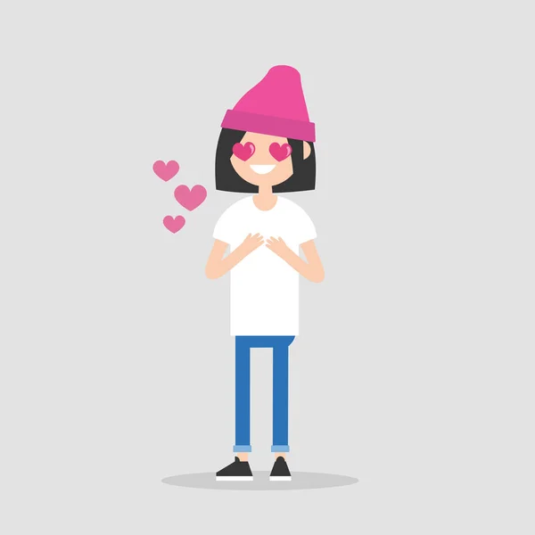 Saint Valentines Day. Cute cartoon girl with heart-shaped eyes falling in love / Editable flat vector illustration