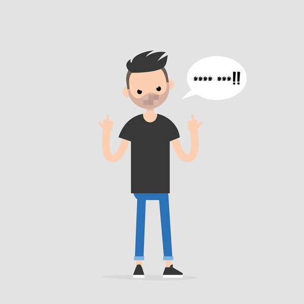 Young pissed off character showing the middle fingers. Gestures. Emotions. Flat editable vector illustration, clip art