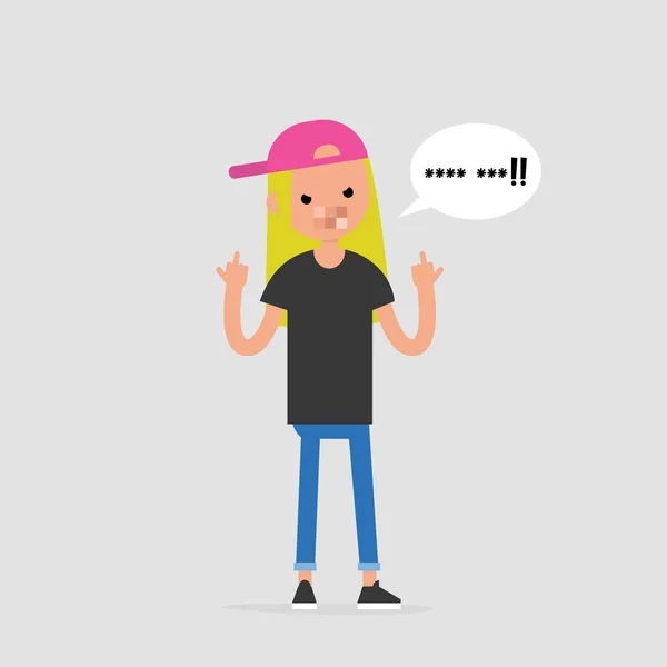 Young Pissed Female Character Showing Middle Fingers Gestures Emotions Flat Stock Illustration