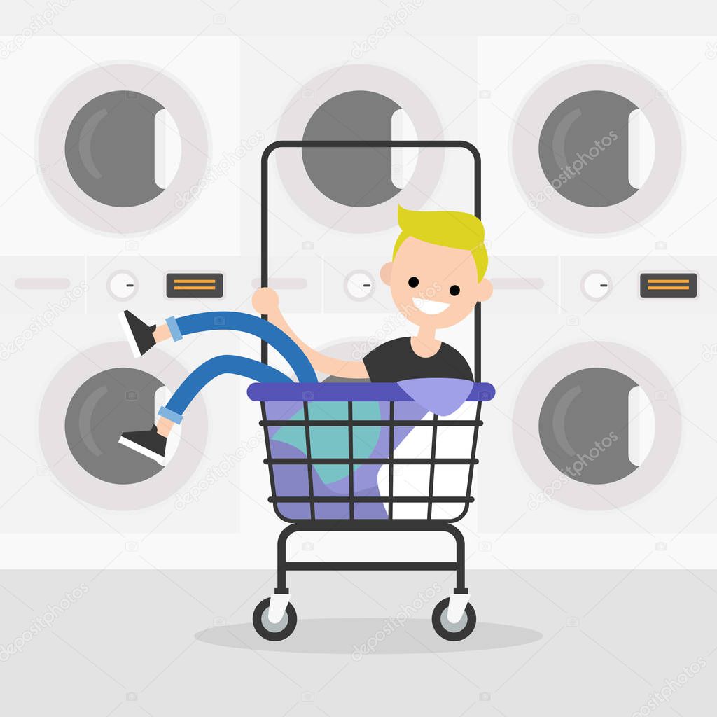 Young character riding in a laundry cart. Daily routine. Having fun. Flat editable vector illustration, clip art