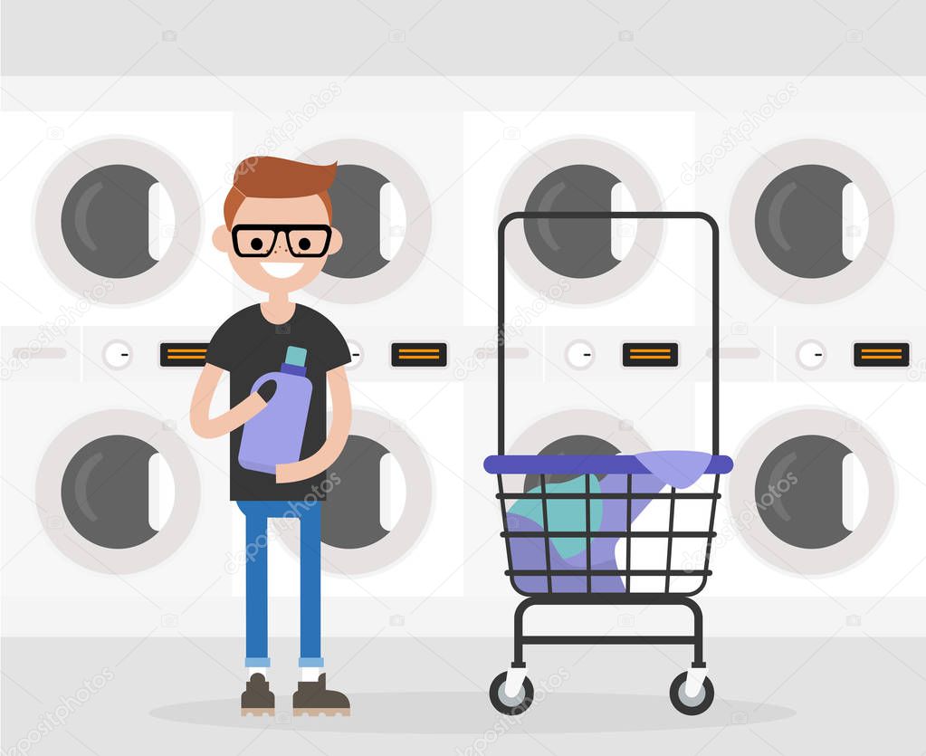 Daily routine. Young character washing clothes in a public coin laundry. Flat editable vector illustration, clip art