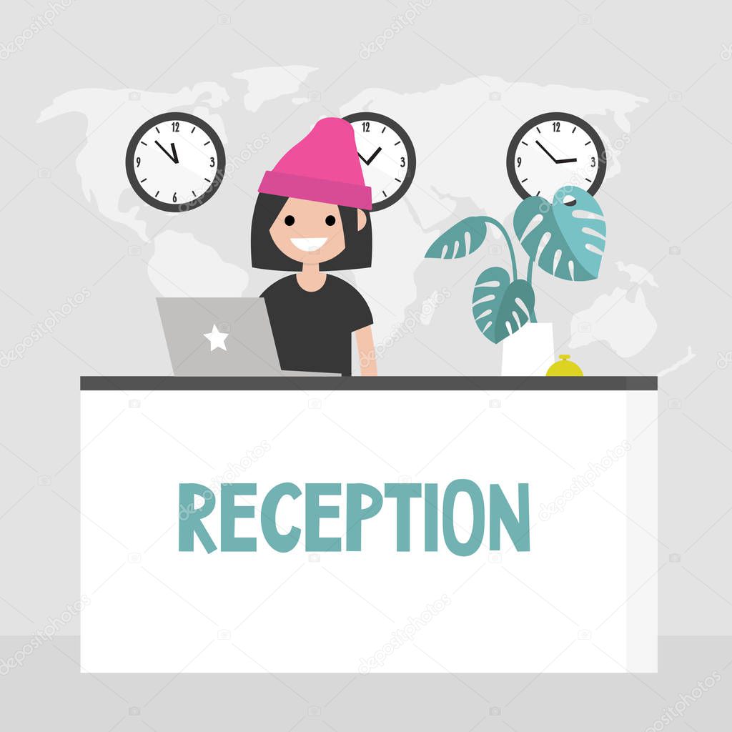 Young smiling concierge standing behind the reception desk. Hotel lobby. Tourism. Flat editable vector illustration, clip art