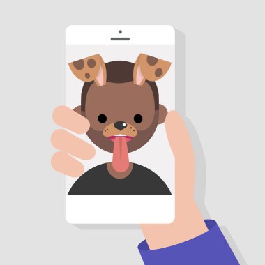 Komik mobil uygulama köpek namlu filtre. Millennials akıllı telefonları kullanarak. Düz düzenlenebilir vektör çizim, küçük resim