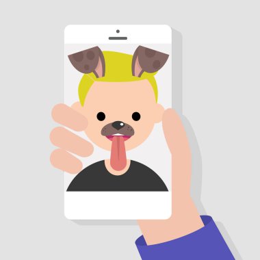 Komik mobil uygulama köpek namlu filtre. Millennials akıllı telefonları kullanarak. Düz düzenlenebilir vektör çizim, küçük resim