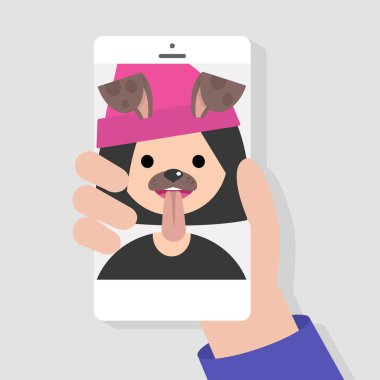 Komik mobil uygulama köpek namlu filtre. Millennials akıllı telefonları kullanarak. Düz düzenlenebilir vektör çizim, küçük resim