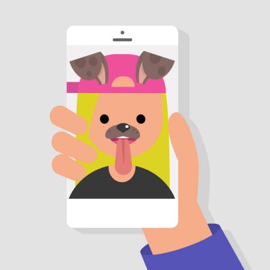 Komik mobil uygulama köpek namlu filtre. Millennials akıllı telefonları kullanarak. Düz düzenlenebilir vektör çizim, küçük resim