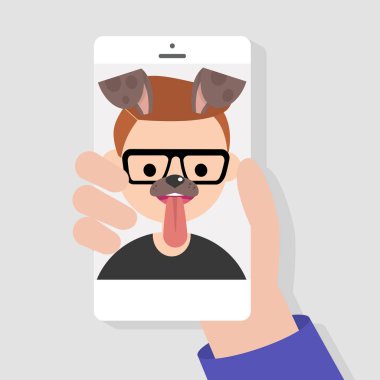 Komik mobil uygulama köpek namlu filtre. Millennials akıllı telefonları kullanarak. Düz düzenlenebilir vektör çizim, küçük resim
