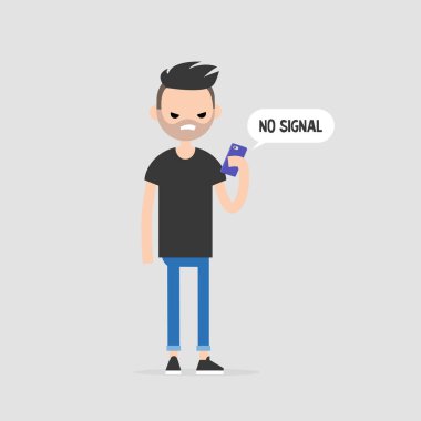 Sinyal yok, kavramsal çizimi. Kızgın karakter bir akıllı telefon tutarak. İnternet yok. Düz düzenlenebilir vektör çizim, küçük resim