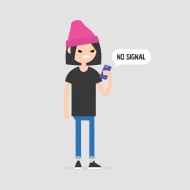 Sinyal yok, kavramsal çizimi. Kızgın karakter bir akıllı telefon tutarak. İnternet yok. Düz düzenlenebilir vektör çizim, küçük resim