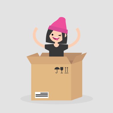 Genç neşeli karakter karton kutudan atlama. Teslimat hizmeti. Kavram. Düz düzenlenebilir vektör çizim, küçük resim