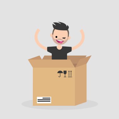 Genç neşeli karakter karton kutudan atlama. Teslimat hizmeti. Kavram. Düz düzenlenebilir vektör çizim, küçük resim