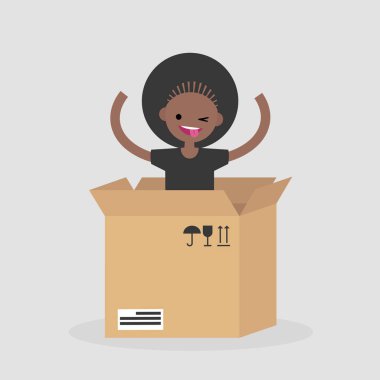 Genç neşeli karakter karton kutudan atlama. Teslimat hizmeti. Kavram. Düz düzenlenebilir vektör çizim, küçük resim