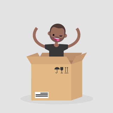 Genç neşeli karakter karton kutudan atlama. Teslimat hizmeti. Kavram. Düz düzenlenebilir vektör çizim, küçük resim