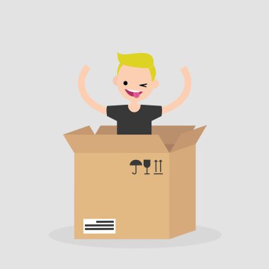 Genç neşeli karakter karton kutudan atlama. Teslimat hizmeti. Kavram. Düz düzenlenebilir vektör çizim, küçük resim
