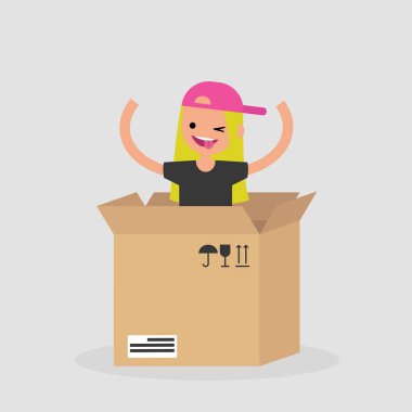 Genç neşeli karakter karton kutudan atlama. Teslimat hizmeti. Kavram. Düz düzenlenebilir vektör çizim, küçük resim