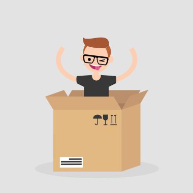 Genç neşeli karakter karton kutudan atlama. Teslimat hizmeti. Kavram. Düz düzenlenebilir vektör çizim, küçük resim
