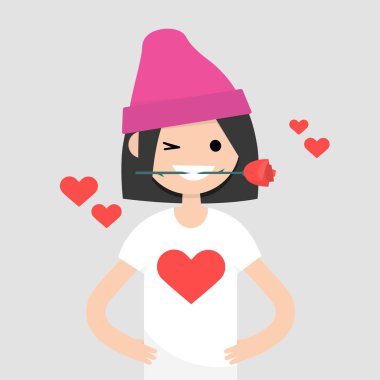 Romantik kavramı. Genç kadın bir kırmızı gül ağzına tutarak karakter. Saint Valentines gün / düz düzenlenebilir vektör çizim, küçük resim