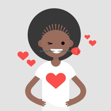 Romantik kavramı. Genç kadın bir kırmızı gül ağzına tutarak karakter. Saint Valentines gün / düz düzenlenebilir vektör çizim, küçük resim