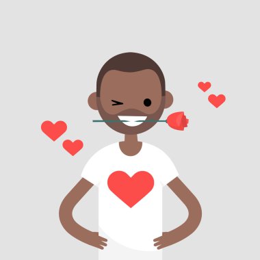 Romantik kavramı. Onun ağzına bir kırmızı gül tutan genç karakter. Saint Valentines gün / düz düzenlenebilir vektör çizim, küçük resim
