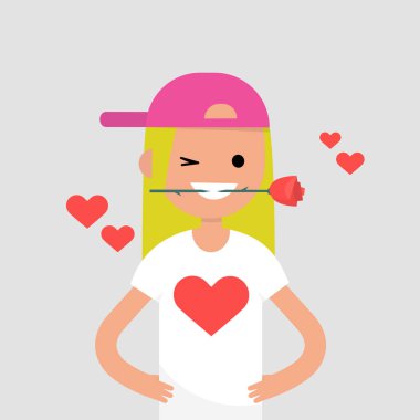 Romantik kavramı. Genç kadın bir kırmızı gül ağzına tutarak karakter. Saint Valentines gün / düz düzenlenebilir vektör çizim, küçük resim