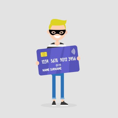 Stealing money. Thief in a black mask holding a credit card. Theft. Robbery. Flat editable vector illustration, clip art clipart