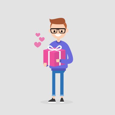 Saint Sevgililer günü. Bir şekilde dekore edilmiş tutan genç karakter hediye kutusu sarılmış. Seviyorum. İlişkiler. Düz düzenlenebilir vektör çizim, küçük resim