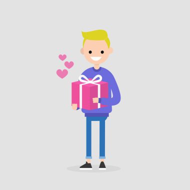 Saint Sevgililer günü. Bir şekilde dekore edilmiş tutan genç karakter hediye kutusu sarılmış. Seviyorum. İlişkiler. Düz düzenlenebilir vektör çizim, küçük resim