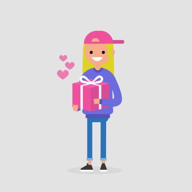 Saint Sevgililer günü. Bir şekilde dekore edilmiş tutan genç kadın karakter hediye kutusu sarılmış. Seviyorum. İlişkiler. Düz düzenlenebilir vektör çizim, küçük resim