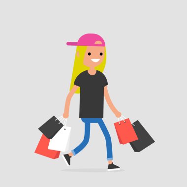 Genç kadın trendy karakter alışveriş torbaları ile yürüyüş / düz düzenlenebilir vektör çizim