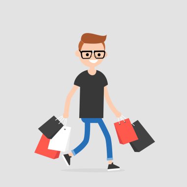 Genç trendy karakter alışveriş torbaları ile yürüyüş / düz düzenlenebilir vektör çizim