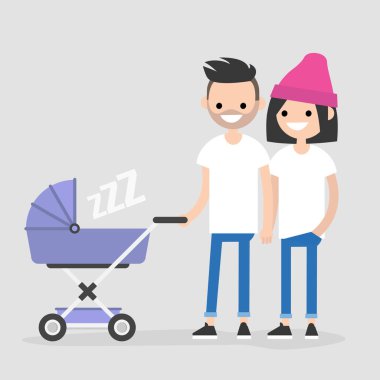 Genç aile bebek arabası ile yürüme. Annem ve babam. Bir çocuk ile bir çift. Düz düzenlenebilir vektör çizim, küçük resim