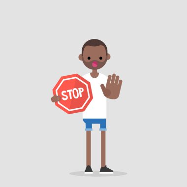 Uyarı. Yasak. Erişim yok. Genç siyah karakter kırmızı bir Dur işareti tutarak. Düz düzenlenebilir vektör çizim, küçük resim. 