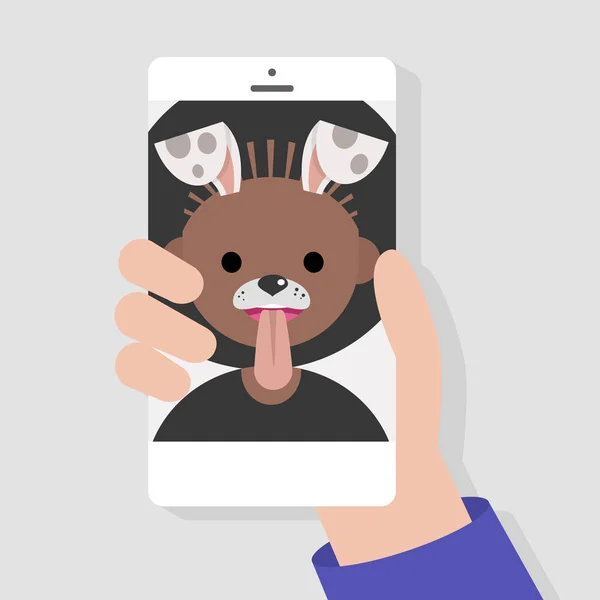 Lustige Handy App Hundekotbeutelfilter Millennials Mit Smartphones Flache Editierbare Vektorillustration — Stockvektor