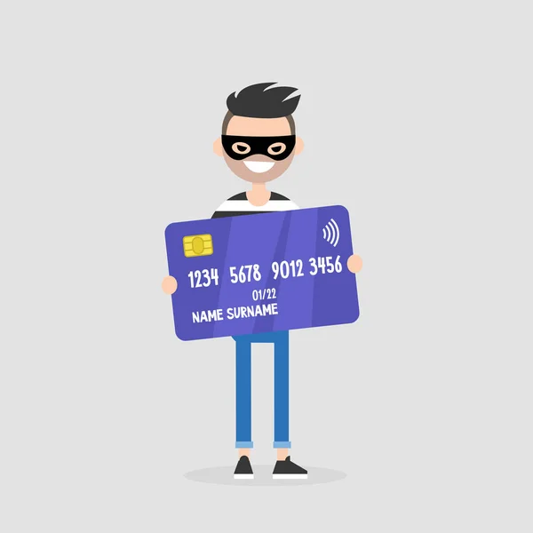 Roubar Dinheiro Ladrão Com Uma Máscara Preta Com Cartão Crédito — Vetor de Stock