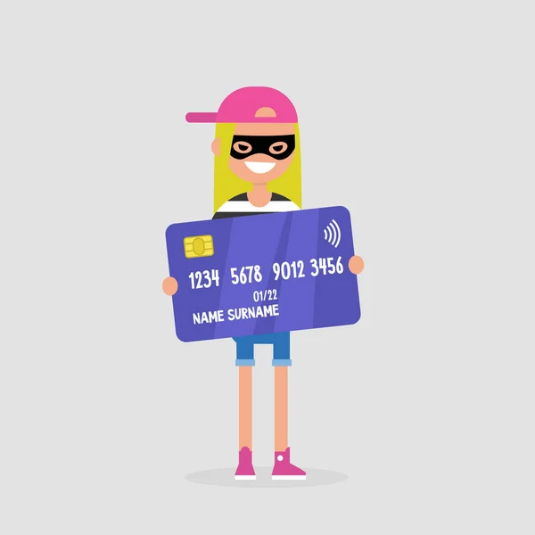 戴着黑色面具的小偷拿着信用卡 平面可编辑的矢量插图 剪贴画 — 图库矢量图片