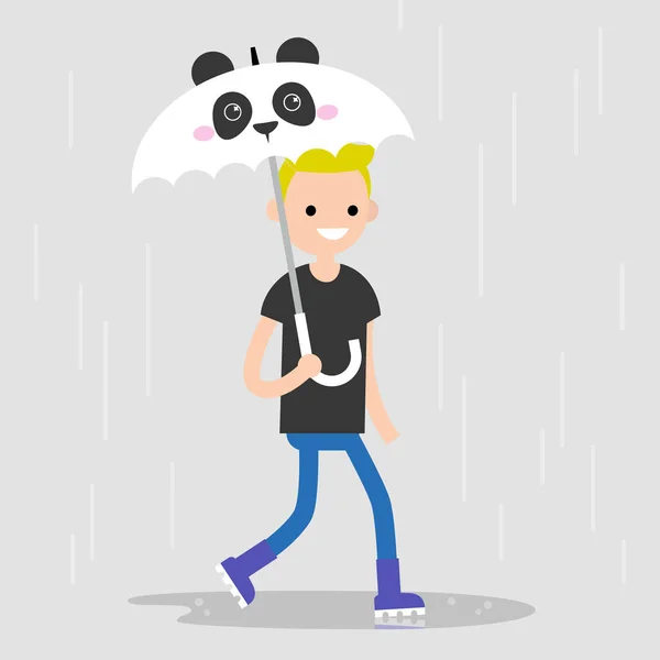 Personagem Jovem Andando Sob Guarda Chuva Com Focinho Panda Chuveiros —  Vetores de Stock