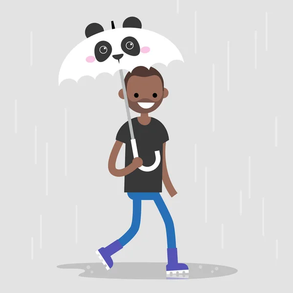 Young Black Character Walking Umbrella Panda Muzzle Spring Showers Flat — Stock Vector