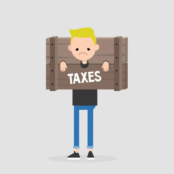Paying Taxes Conceptual Illustration Young Unhappy Character Standing Locked Wooden — Stock Vector