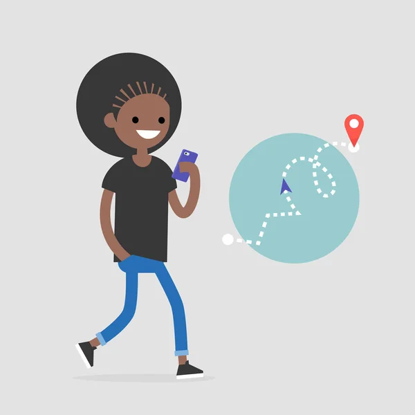 Caminando Peatonal Joven Personaje Negro Femenino Usando Mapa Electrónico Para — Vector de stock