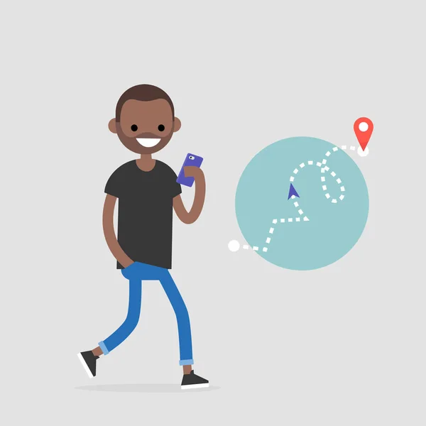 Caminando Peatonal Joven Personaje Negro Usando Mapa Electrónico Para Navegar — Vector de stock