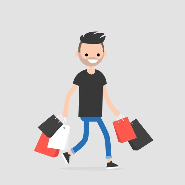 若いトレンディなショッピング バッグと歩いて文字 フラット編集可能なベクトル イラスト — ストックベクタ