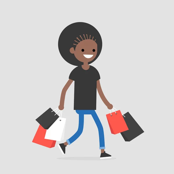 Junge Schwarze Weibliche Trendfigur Die Mit Den Einkaufstaschen Geht Flache — Stockvektor