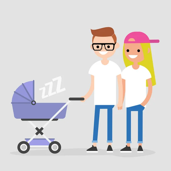 Família Jovem Andando Com Uma Carruagem Bebê Mãe Pai Casal —  Vetores de Stock