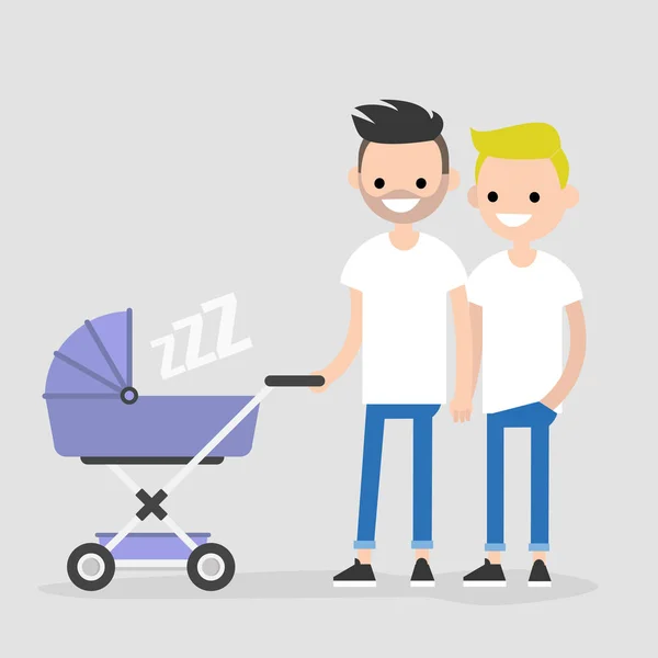 Gay Familie Lopen Met Een Kinderwagen Lgbt Vaders Homoseksueel Paar — Stockvector