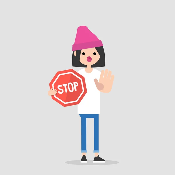 无法访问 拿着红色停车标志的年轻女性角色 平面可编辑的矢量插图 剪贴画 — 图库矢量图片