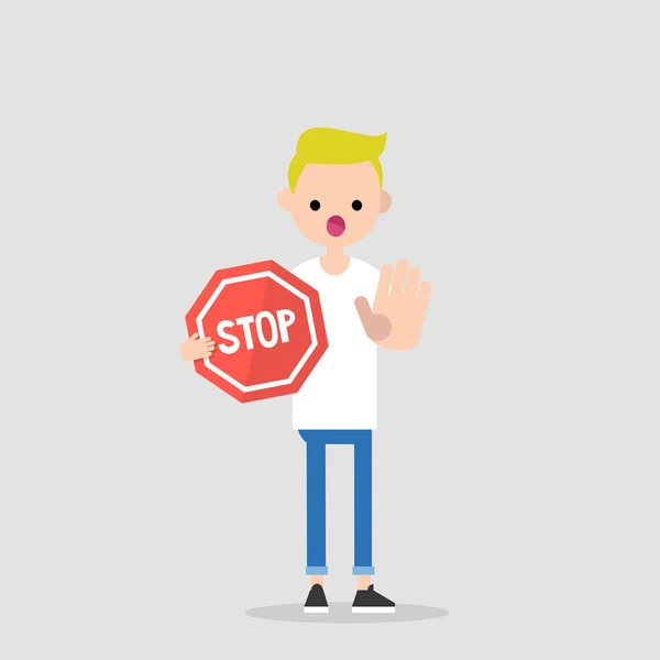 Warning Forbidden Access Young Character Holding Red Stop Sign Flat — Stock Vector
