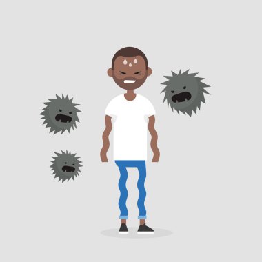 Panik atak. Genç kızgın uçan tarafından çevrili karakter korkuttu 