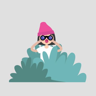 Young female character hiding in the bushes and looking through binoculars. Spying, conceptual illustration. Special agent. Secret mission. Sneak peek. Flat vector illustration, clip art clipart