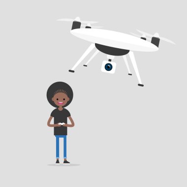 Yeni teknolojiler. Bir dron / düz düzenlenebilir bir uzaktan kumanda ile kontrol genç zenci kız vektör resim, küçük resim