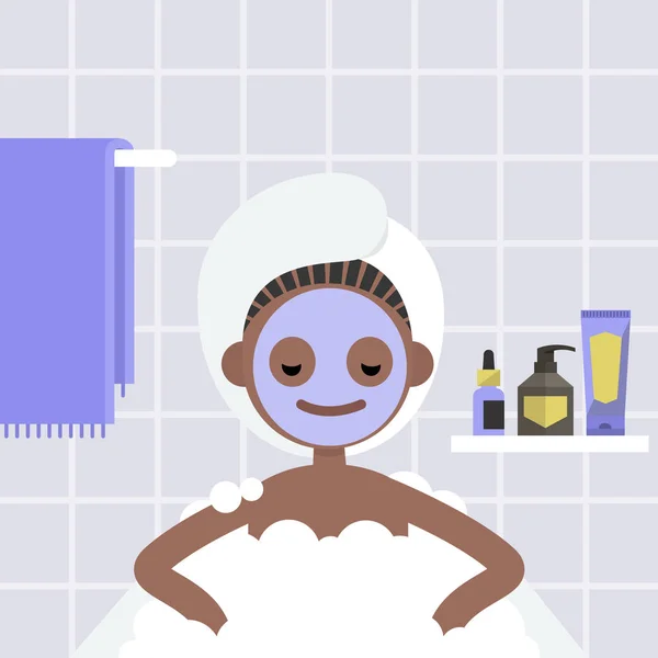 Tratamiento de spa. Joven chica negra acostada en el baño con espuma de jabón — Archivo Imágenes Vectoriales